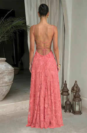 LORVENES sexy flowy evening dress with elegant draping and lightweight fabric, shown in a graceful pose.