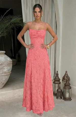LORVENES sexy flowy evening dress with elegant draped fabric and sleeveless design, perfect for formal occasions.