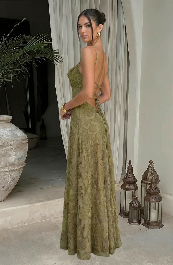 LORVENES sexy flowy evening dress in elegant fabric with a flattering silhouette and draped design, perfect for formal occasions.