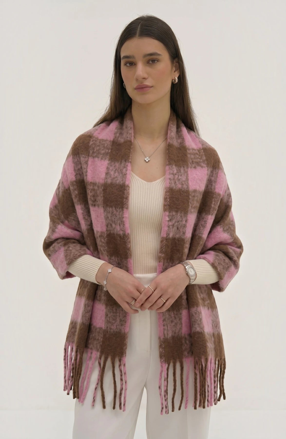 LORVENE lightweight evening shawl draped over a mannequin, showcasing soft fabric and elegant design for formal occasions.