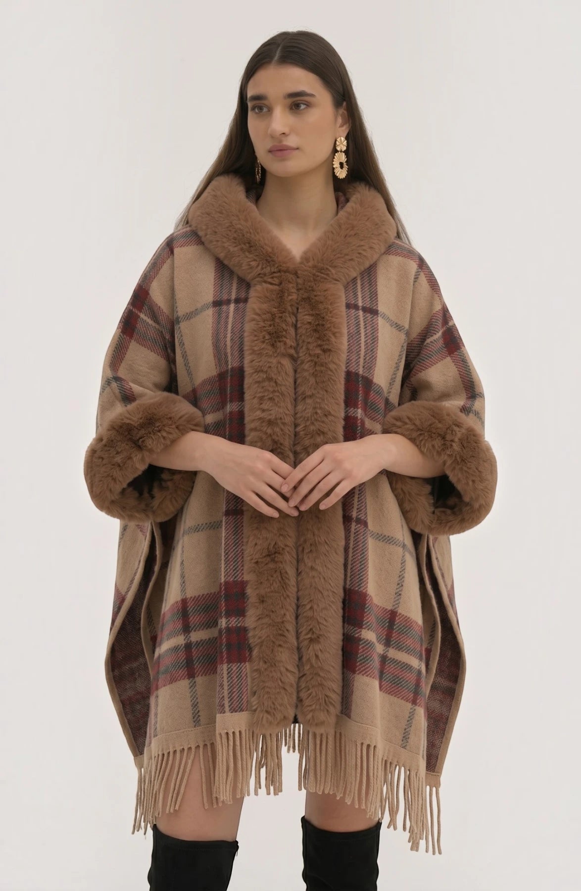LORVENE Heritage Cashmere Shawl draped over a chair, showcasing soft, luxurious beige cashmere with fringed edges.