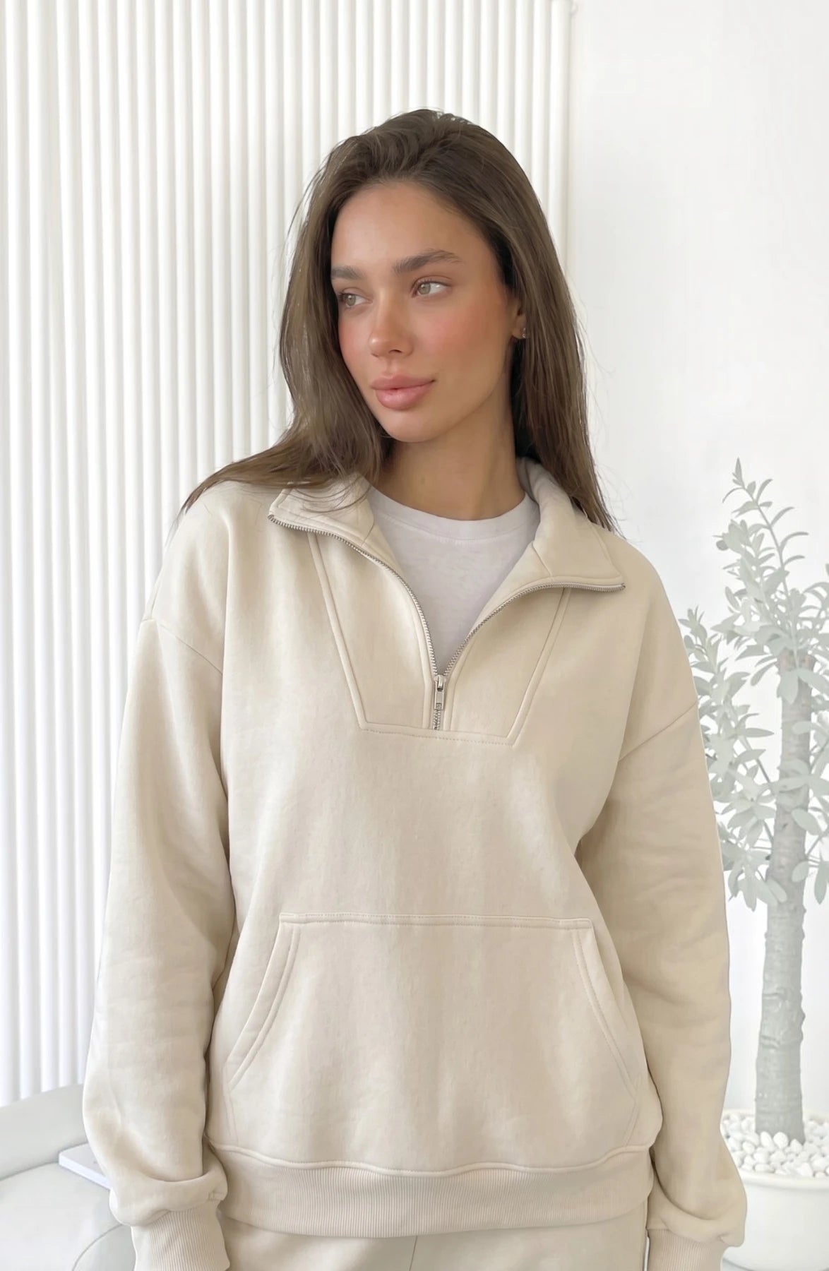 LORVENES cotton knit lounge set with a relaxed fit, featuring a cozy long-sleeve top and matching pants, in soft neutral tones.
