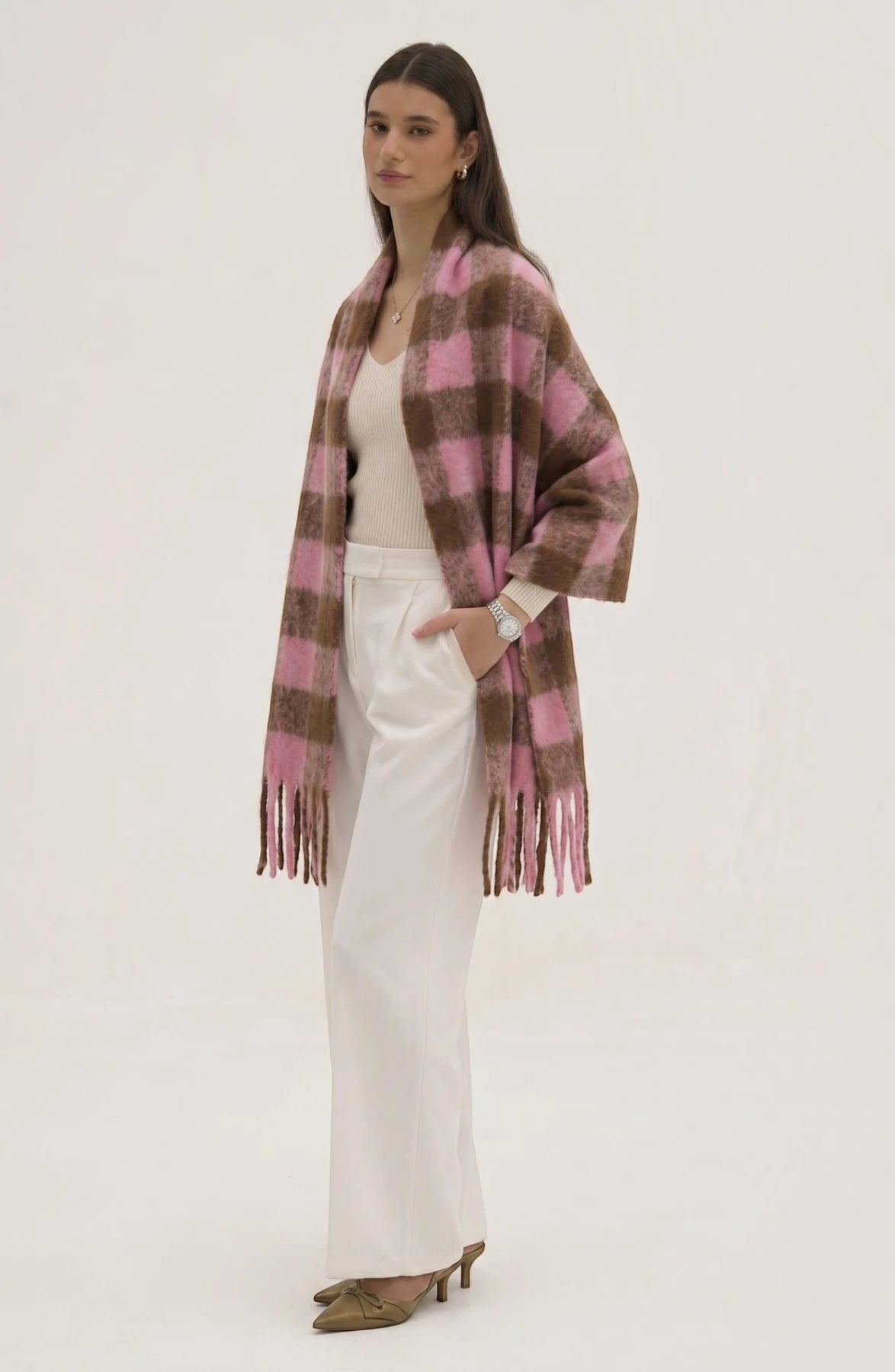 Lightweight LORVENE evening shawl draped over a model, showcasing soft fabric and elegant design for formal occasions.