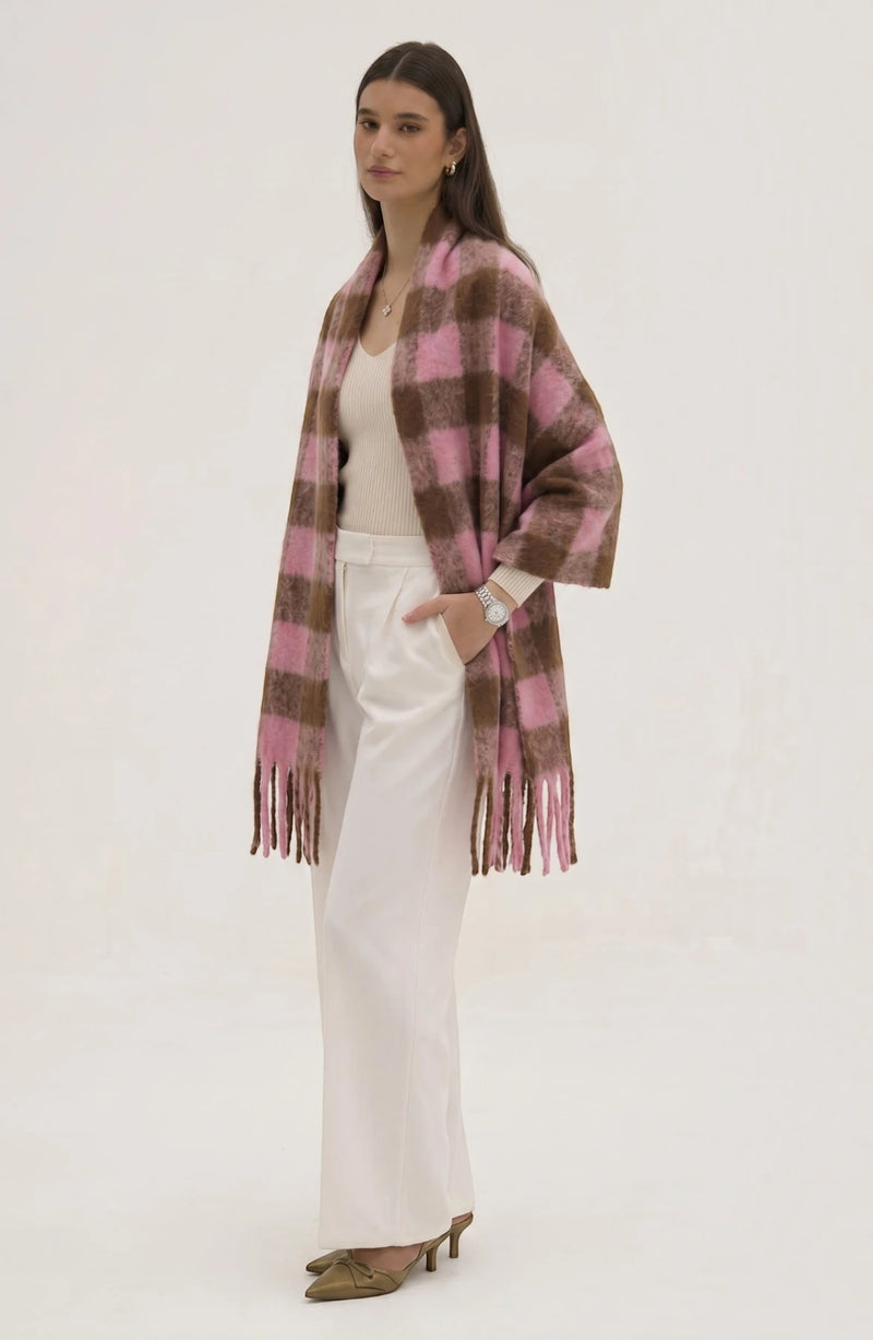 Lightweight LORVENE evening shawl draped over a model, showcasing soft fabric and elegant design for formal occasions.