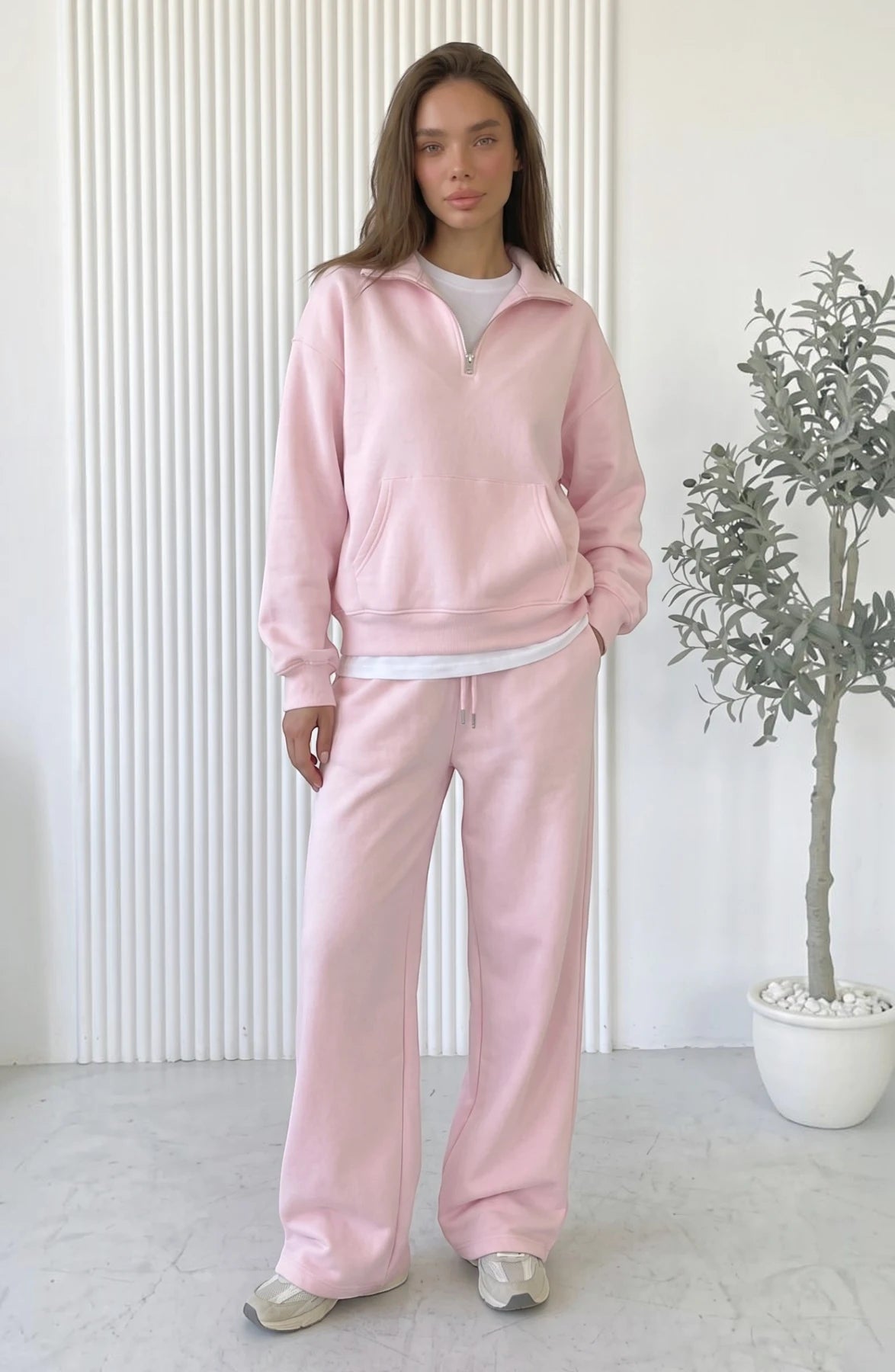 LORVENES cotton knit lounge set with a relaxed fit, featuring a cozy long-sleeve top and matching pants in soft fabric.