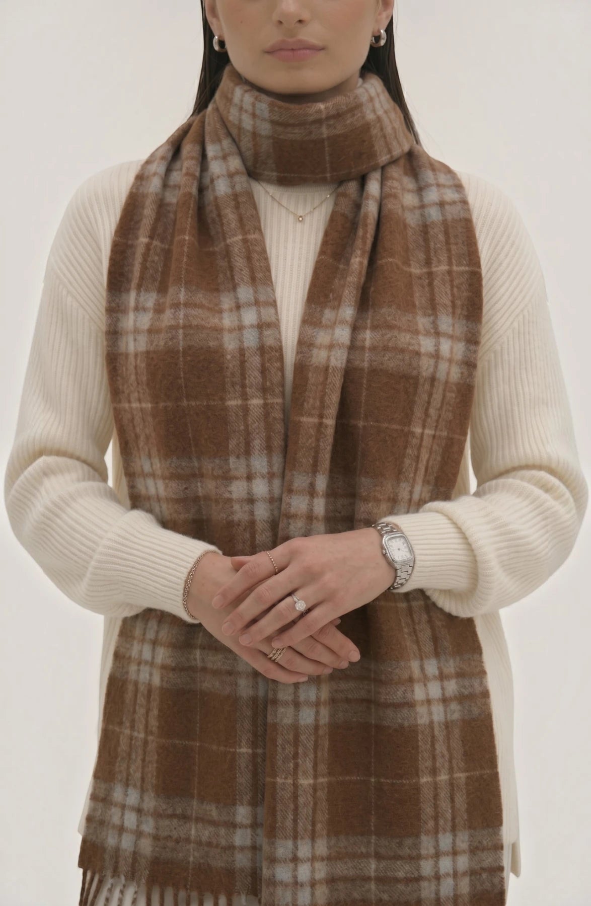 LORVENES Plaid Wool Tassel Scarf