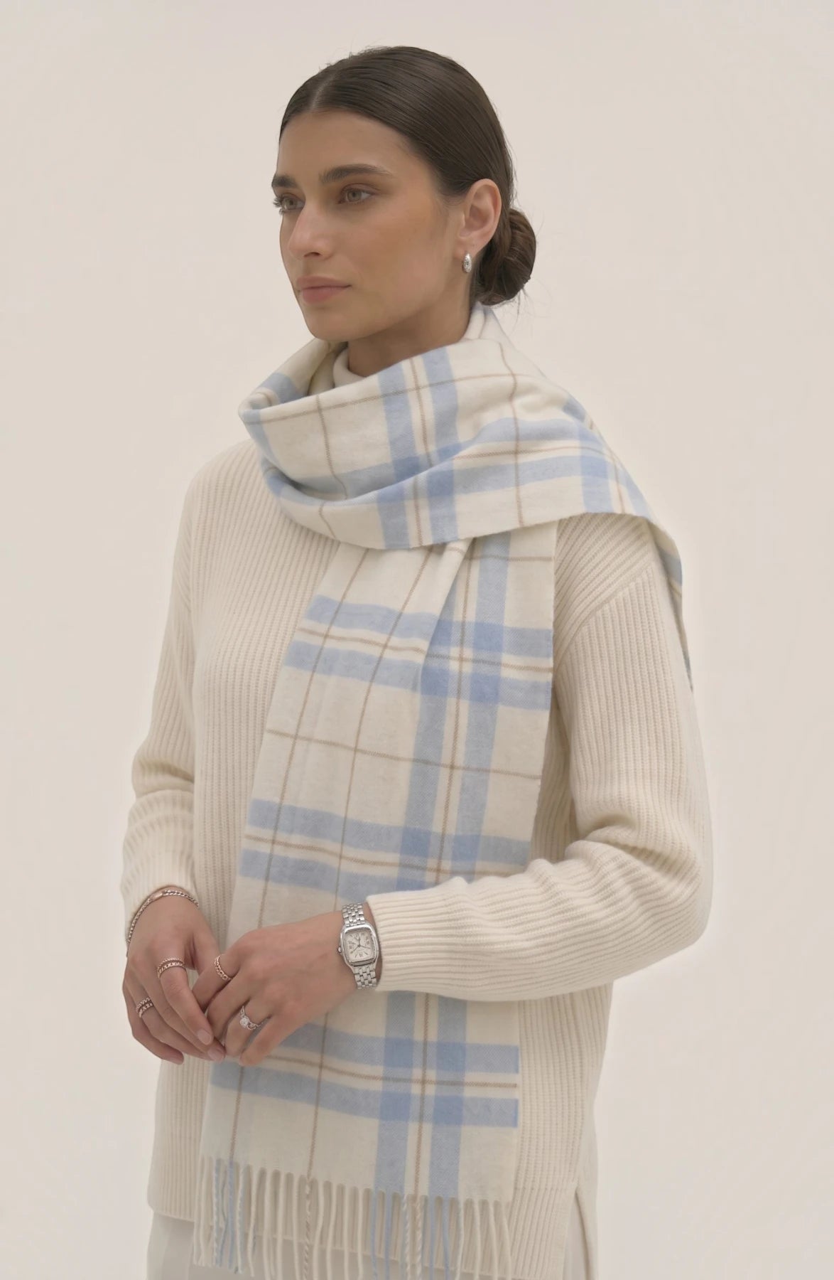 LORVENES Plaid Wool Tassel Scarf