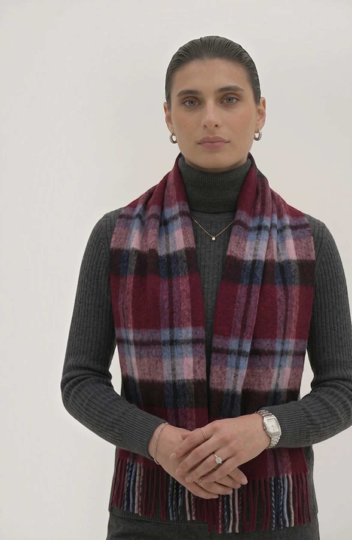 LORVENES Plaid Wool Tassel Scarf