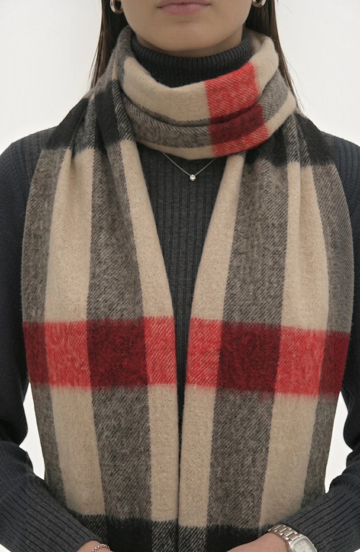 LORVENES Plaid Wool Tassel Scarf