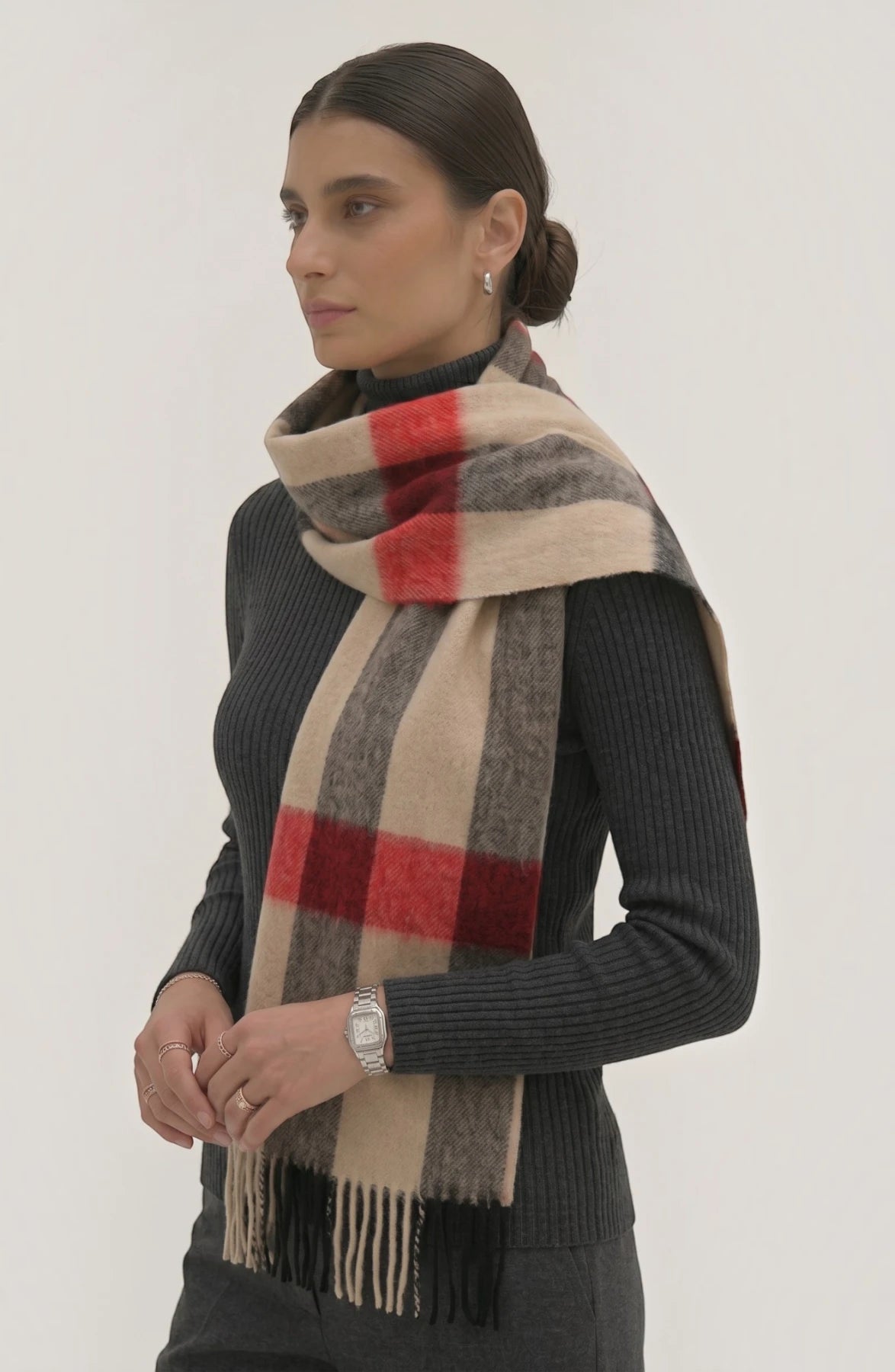 LORVENES Plaid Wool Tassel Scarf