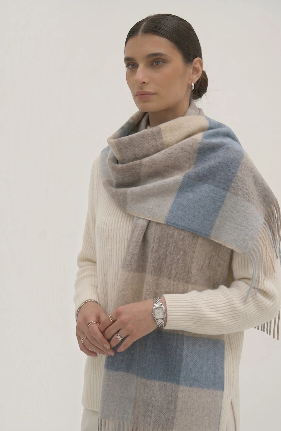 LORVENES Plaid Wool Tassel Scarf