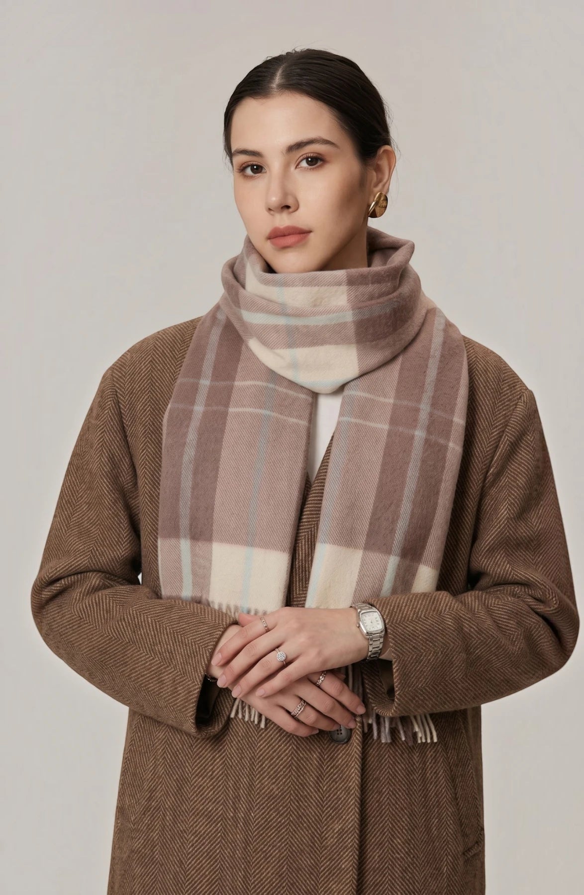 LORVENES Plaid Wool Tassel Scarf