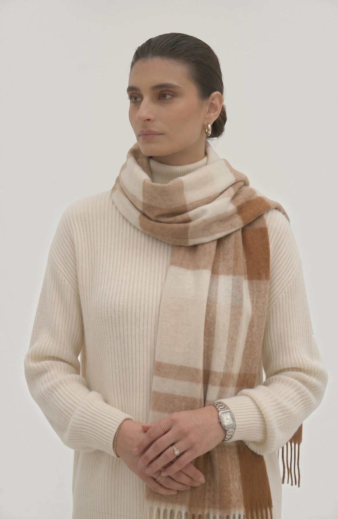 LORVENES Plaid Wool Tassel Scarf