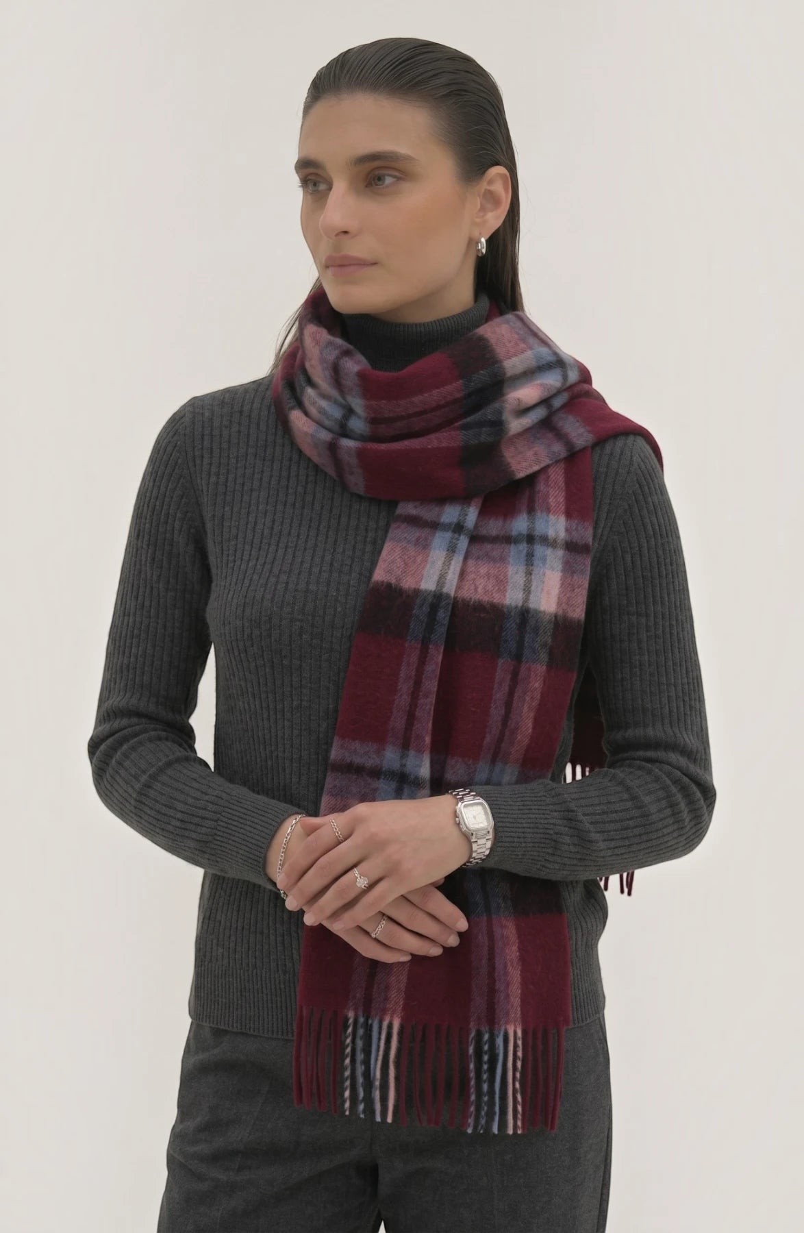 LORVENES Plaid Wool Tassel Scarf