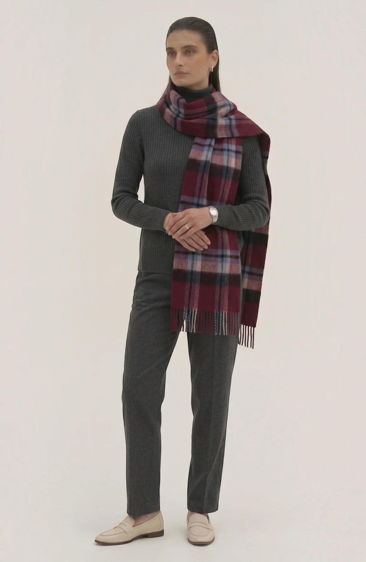 LORVENES Plaid Wool Tassel Scarf