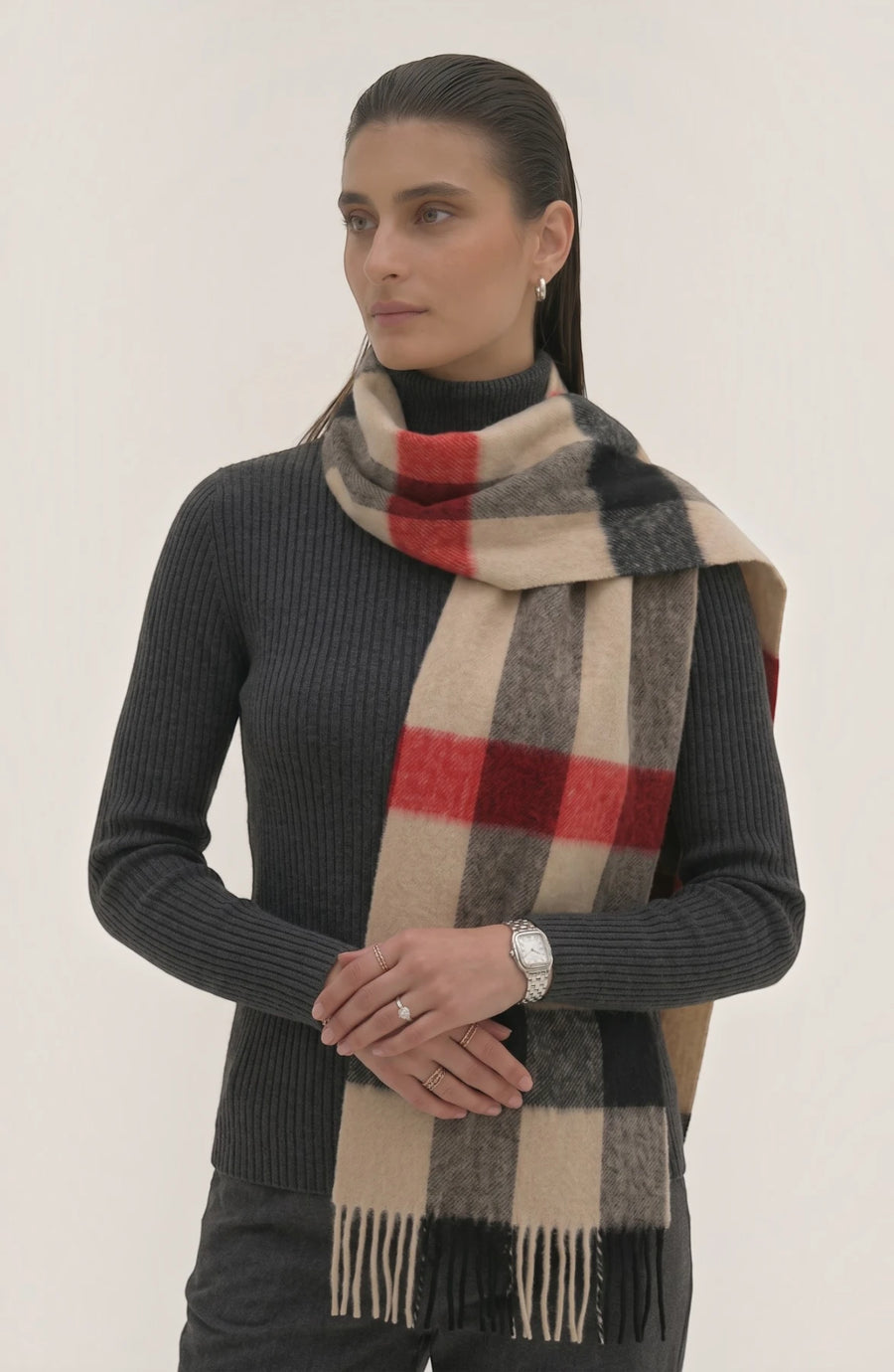 LORVENES Plaid Wool Tassel Scarf