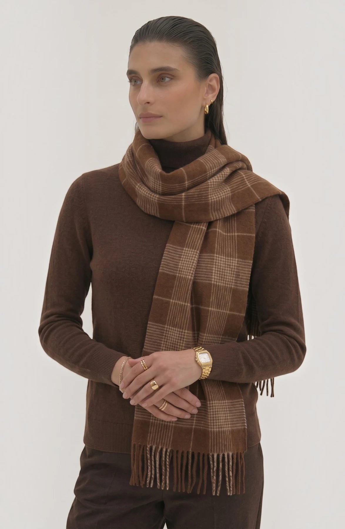 LORVENES Plaid Wool Tassel Scarf