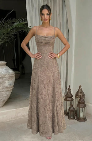 LORVENES sexy flowy evening dress with elegant draping and long sleeves, showcased on a model for formal occasion wear