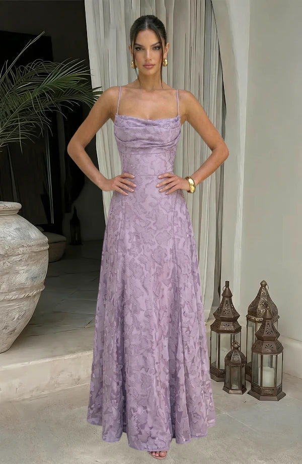 LORVENES sexy flowy evening dress in soft fabric with elegant draping and a flattering silhouette, perfect for formal occasions.