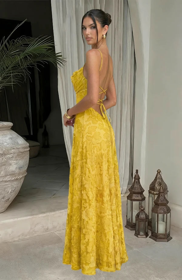 LORVENES sexy flowy evening dress with elegant drape and sleeveless design, perfect for formal occasions and evening wear.