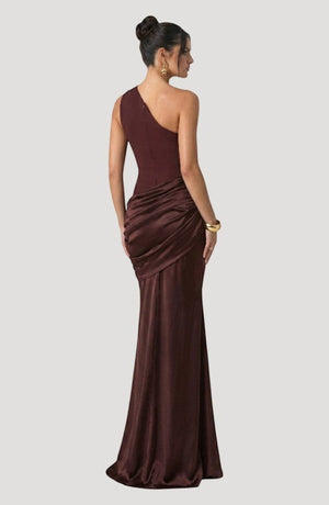 LORVENES fishtail bodycon dress in black, showcasing a fitted silhouette with a sleek, elegant design and a high neckline.