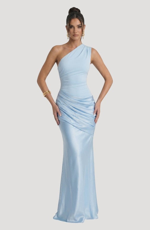 LORVENES fishtail bodycon dress in black with form-fitting silhouette and elegant design, shown on a model.