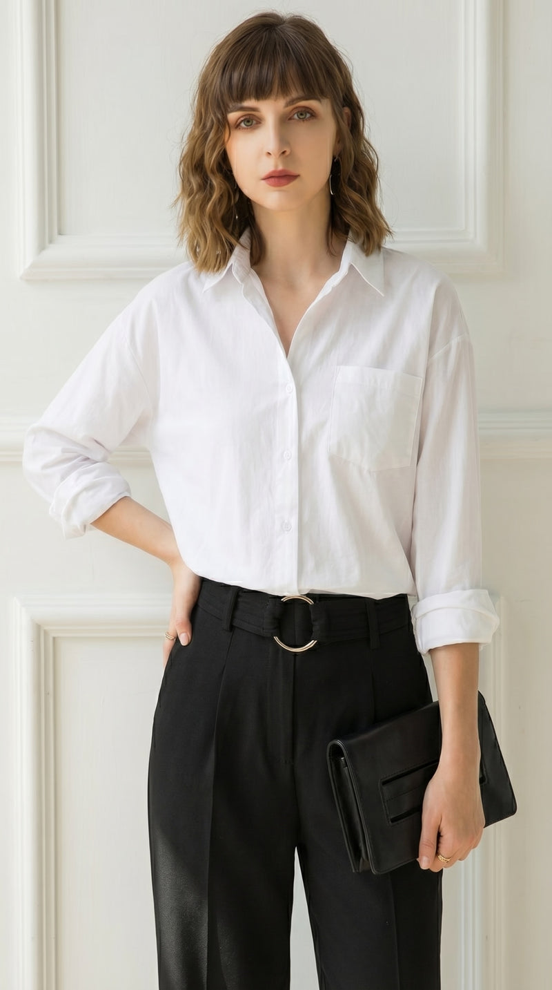 LORVENE pocket white shirt laid flat, showing front view with chest pocket and classic collar, made of crisp cotton fabric.