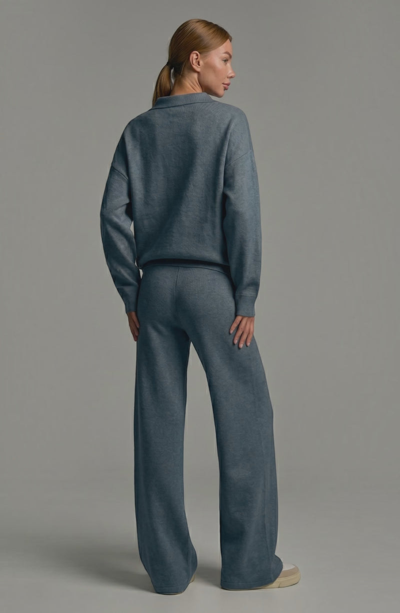 LORVENES knit trouser set worn by a model, featuring a cozy, stylish matching top and wide-leg knit trousers.