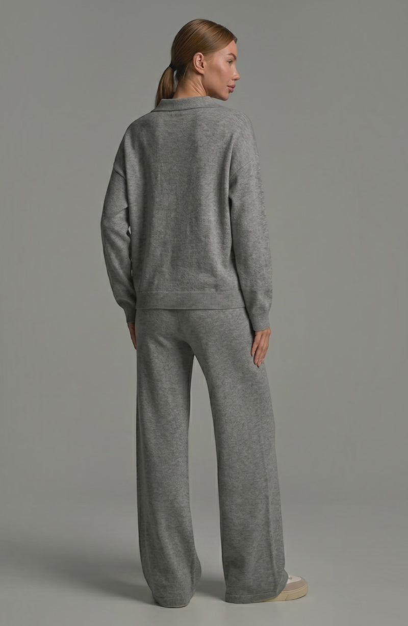 LORVENES knit trouser set featuring a cozy top and matching wide-leg knit trousers, styled on a female model.
