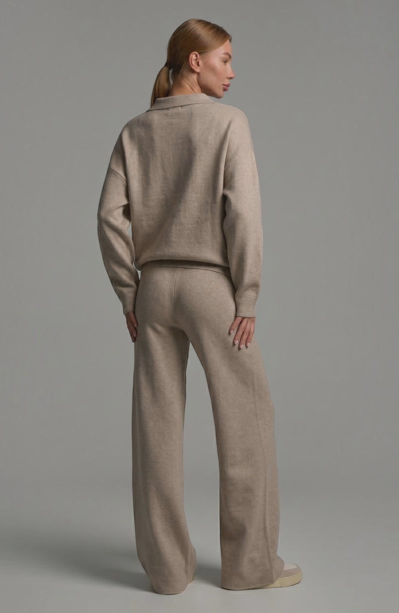LORVENES knit trouser set featuring a cozy, textured knit fabric worn by a model, showcasing stylish and comfortable loungewear.