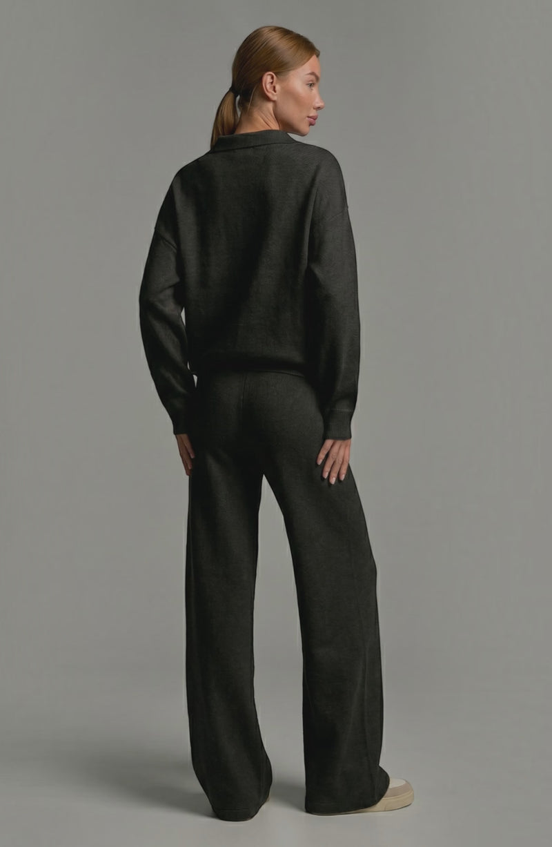 LORVENES knit trouser set shown on model, featuring a cozy, stylish matching top and pants in a soft, wearable knit fabric.