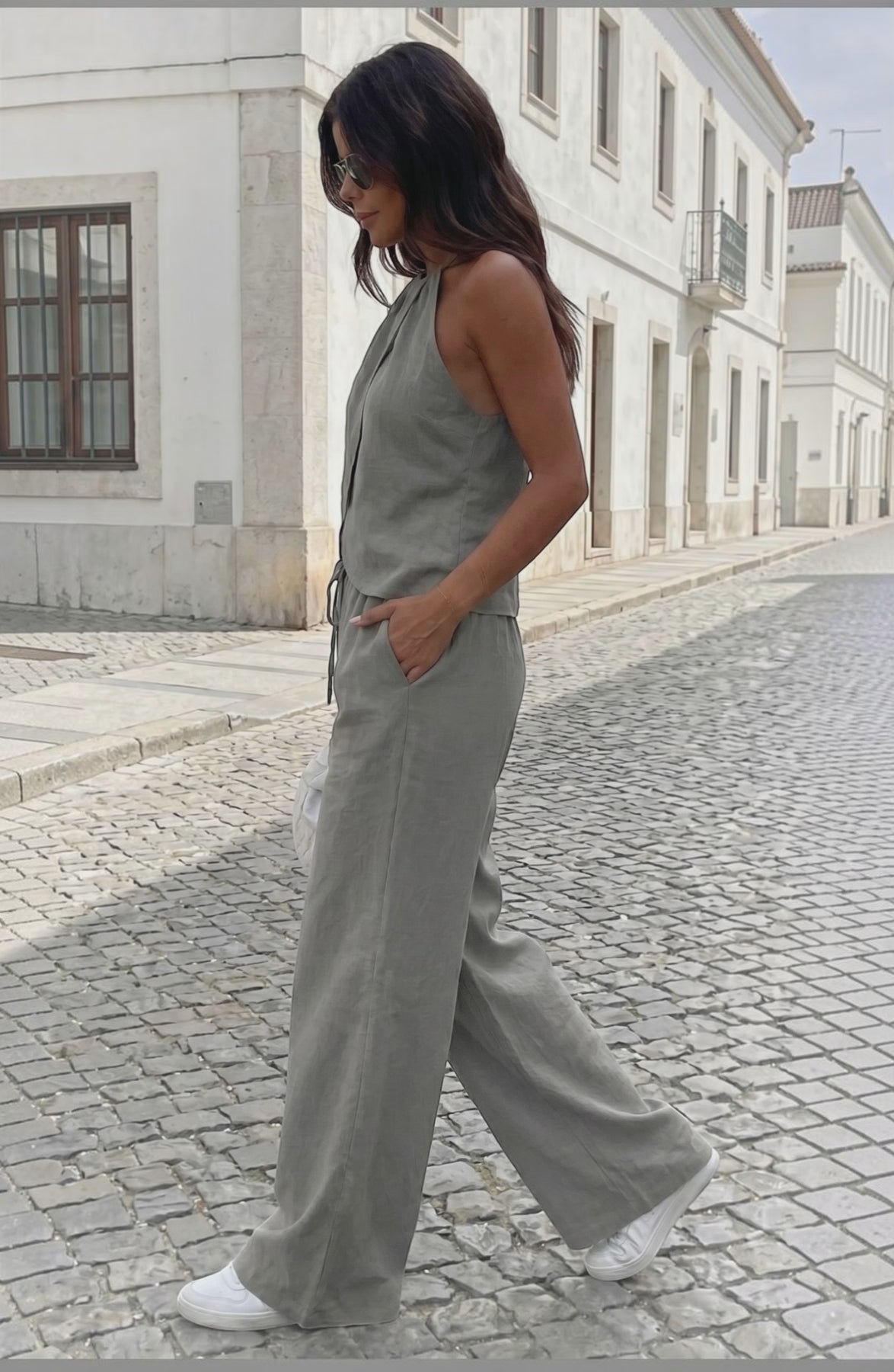 LORVENES 2026 summer two-piece set featuring wide-leg pants and sleeveless halter neck vest in a stylish, modern design.