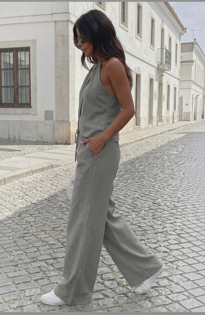 LORVENES 2026 summer two-piece set featuring wide-leg pants and sleeveless halter neck vest in a stylish, modern design.