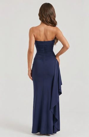 LORVENE Starry Luxe Dress featuring a flowing fabric with starry pattern and elegant neckline, ideal for special occasions.