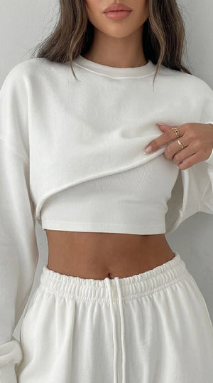 Lässiger Sweater-Anzug für Damen 2023 Mode Pullover Langarm Nabel-Sweater + Trägerhose mit geradem weitem Bein, dreiteiliges Set