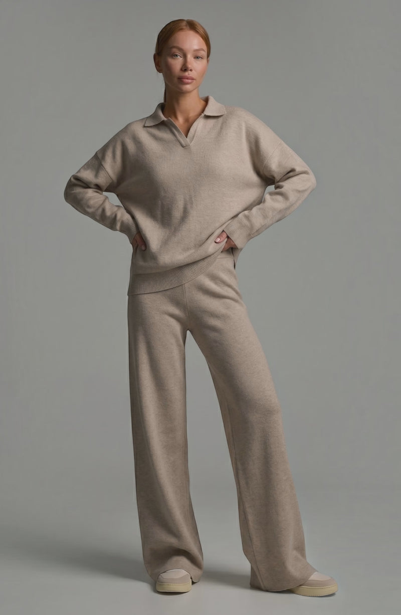 LORVENES knit trouser set featuring a cozy, fitted top and matching wide-leg trousers, modeled by a woman in a stylish indoor setting.