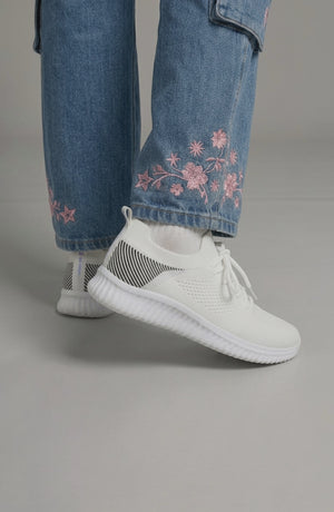 LORVENE Polar Crest sneakers in white with blue accents, showcasing the stylish upper and comfortable sole design.