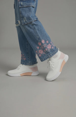 LORVENE Polar Crest sneakers showcasing a sleek design with white and navy accents, featuring breathable fabric and stylish laces.