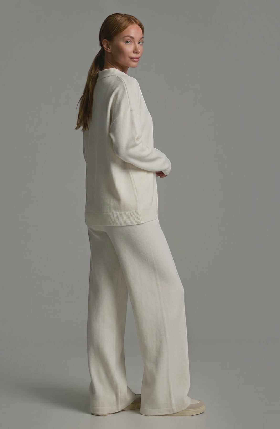 LORVENES knit trouser set featuring a cozy, stylish top and matching trousers, perfect for casual or lounge wear.