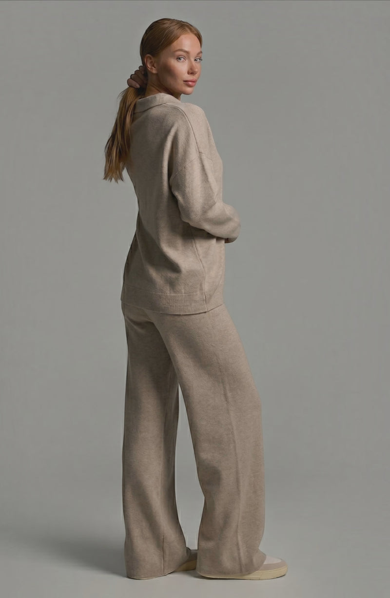 LORVENES knit trouser set featuring a cozy, stylish top and matching trousers worn by a model in a modern indoor setting.