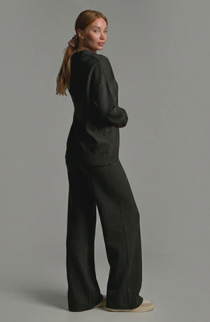 LORVENES knit trouser set featuring a cozy, soft knit top and matching trousers worn by a model.