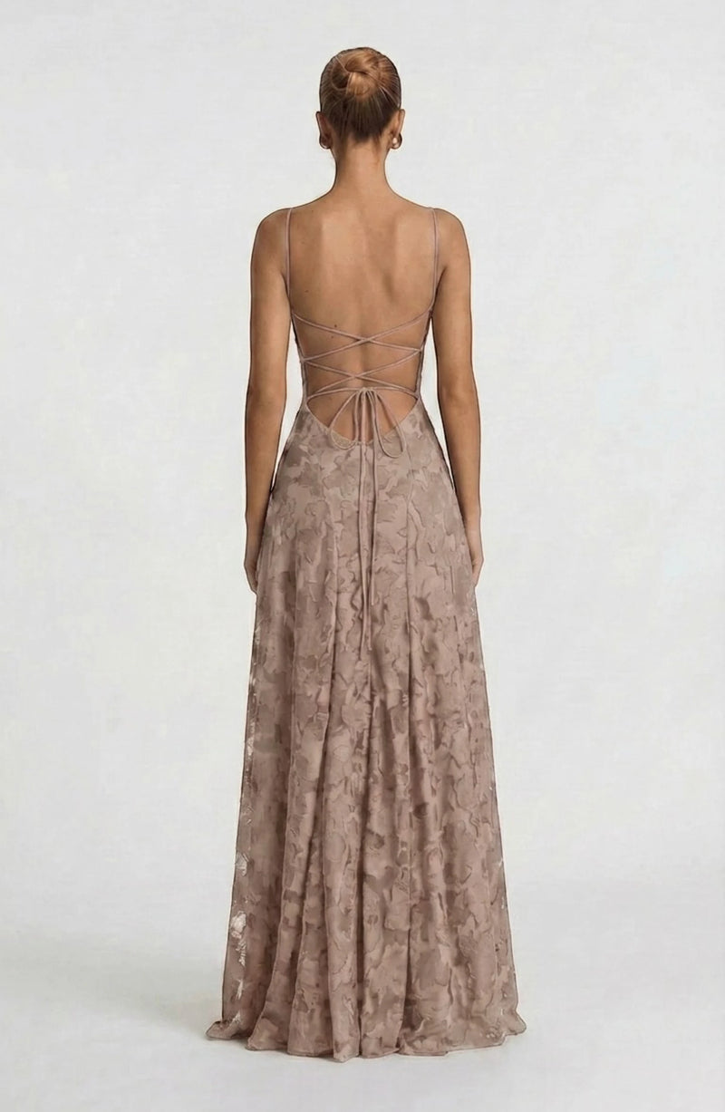 LORVENES sexy flowy bridal dress with elegant, lightweight fabric and intricate detailing, perfect for a romantic wedding look.