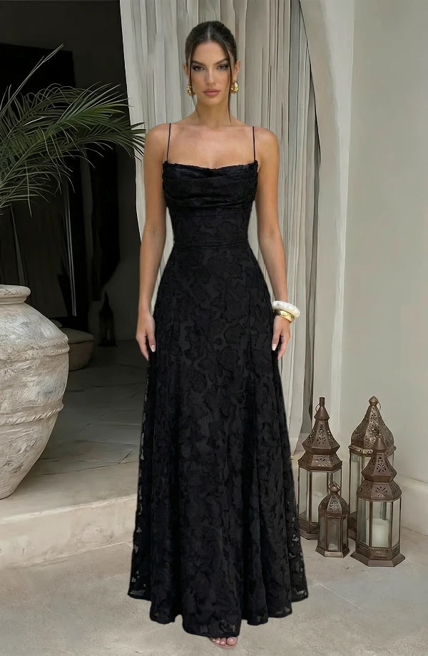 LORVENES sexy black flowy evening dress with elegant drape and sleeveless design, perfect for formal occasions.