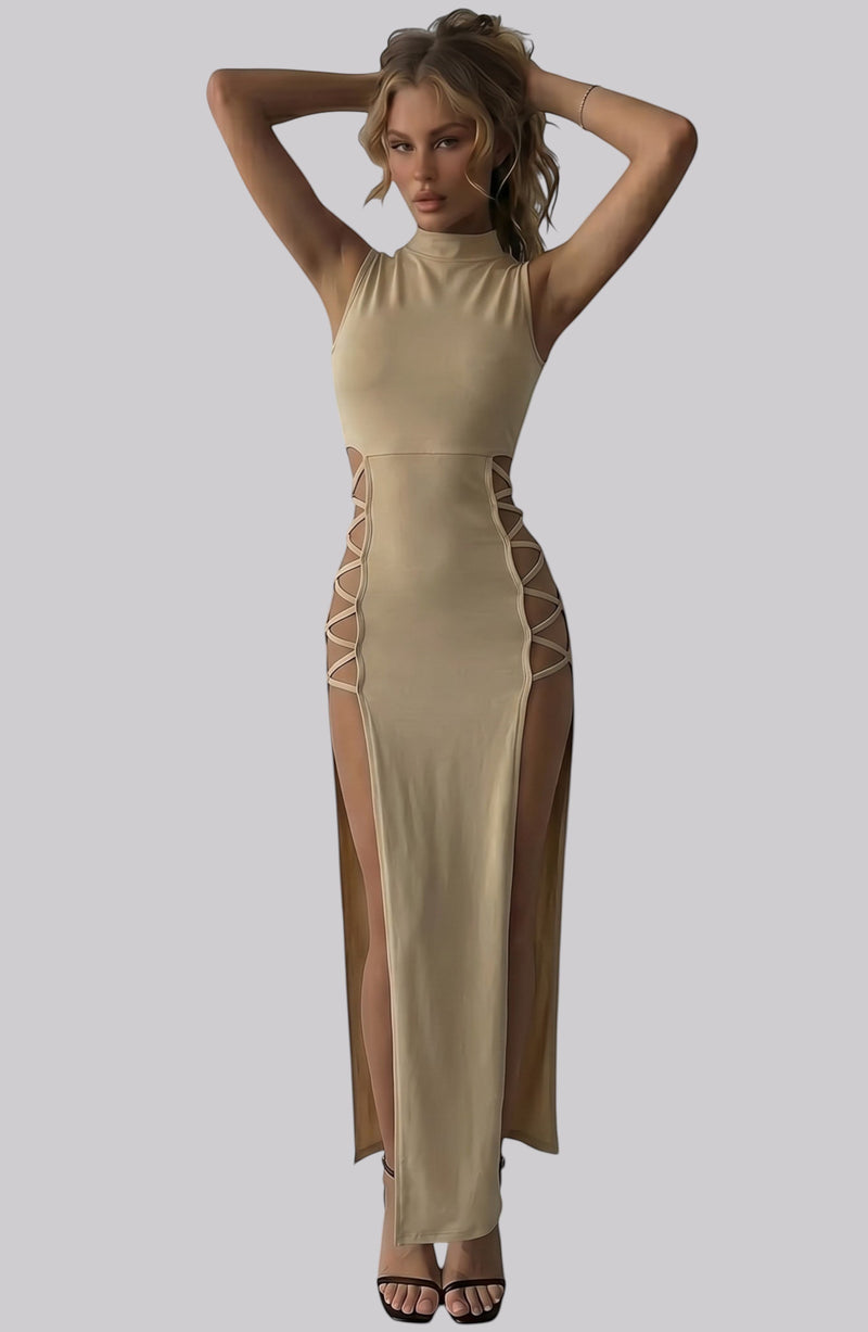 LORVENE beige sleeveless mock neck maxi dress with high slits and lace-up side details