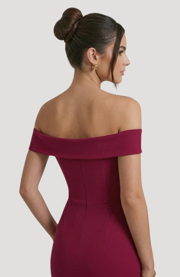 LORVENES Curve Flow Maxi off-the-shoulder dress in deep berry. Elegant silhouette with a refined sheen, perfect for formal events.