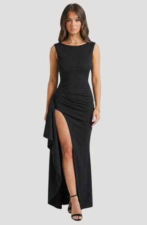 LORVENES black sleeveless formal evening gown with a high slit and draped detailing.