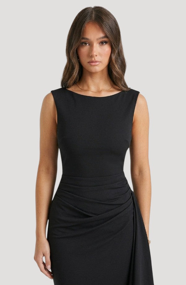 LORVENES black sleeveless midi dress with a boat neckline and draped ruching on the skirt, perfect for formal evenings.