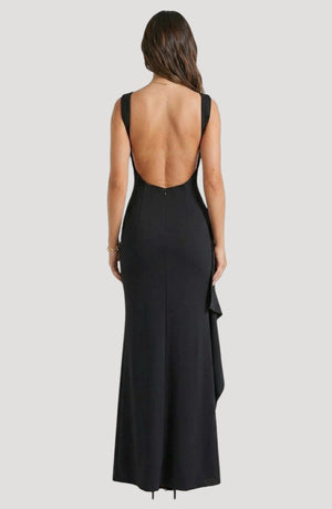 LORVENES black floor-length formal gown with a deep scoop back and a ruffled accent on the side.