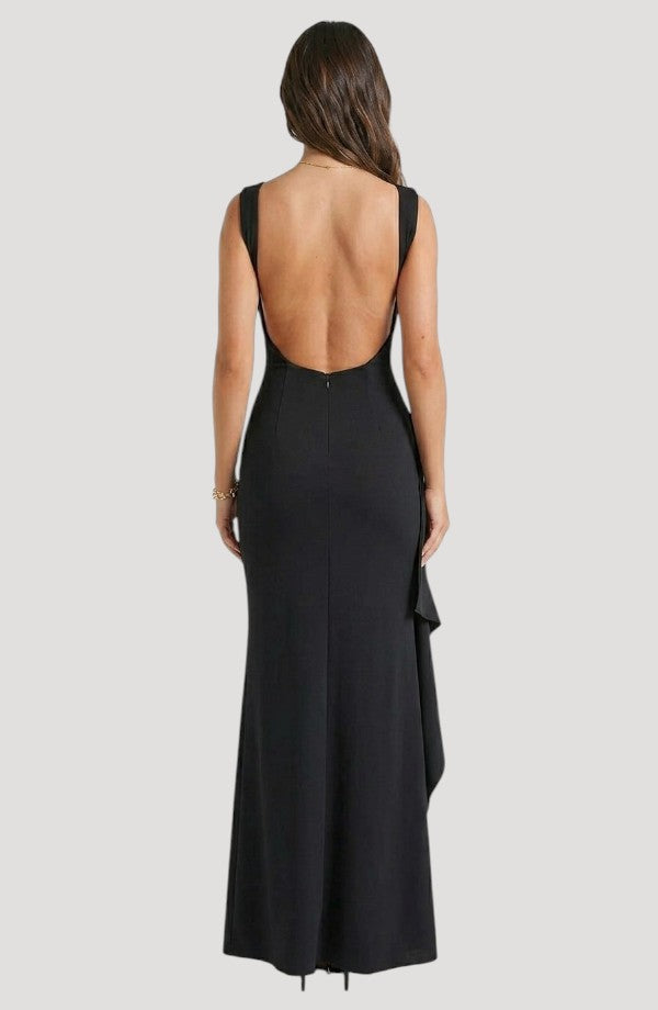 LORVENES black floor-length formal gown with a deep scoop back and a ruffled accent on the side.