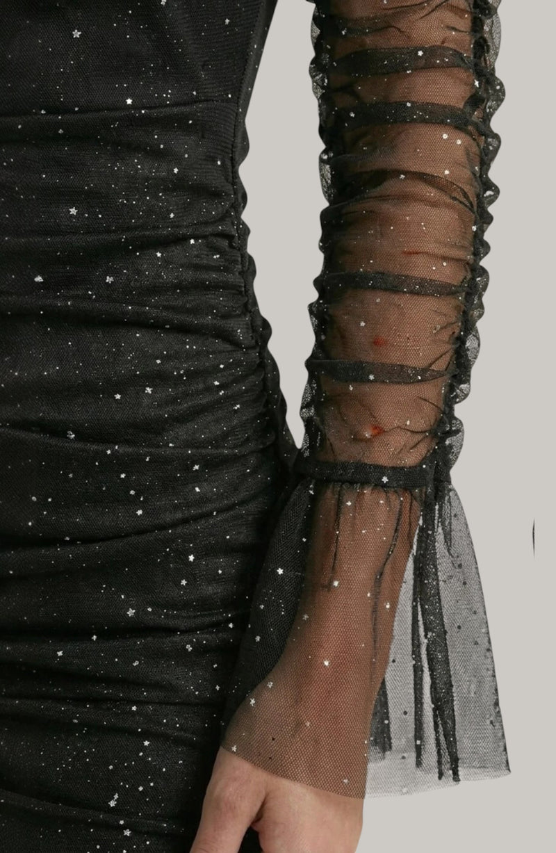 LORVENES black ruched mini dress with star glitter and sheer ruffled sleeves
